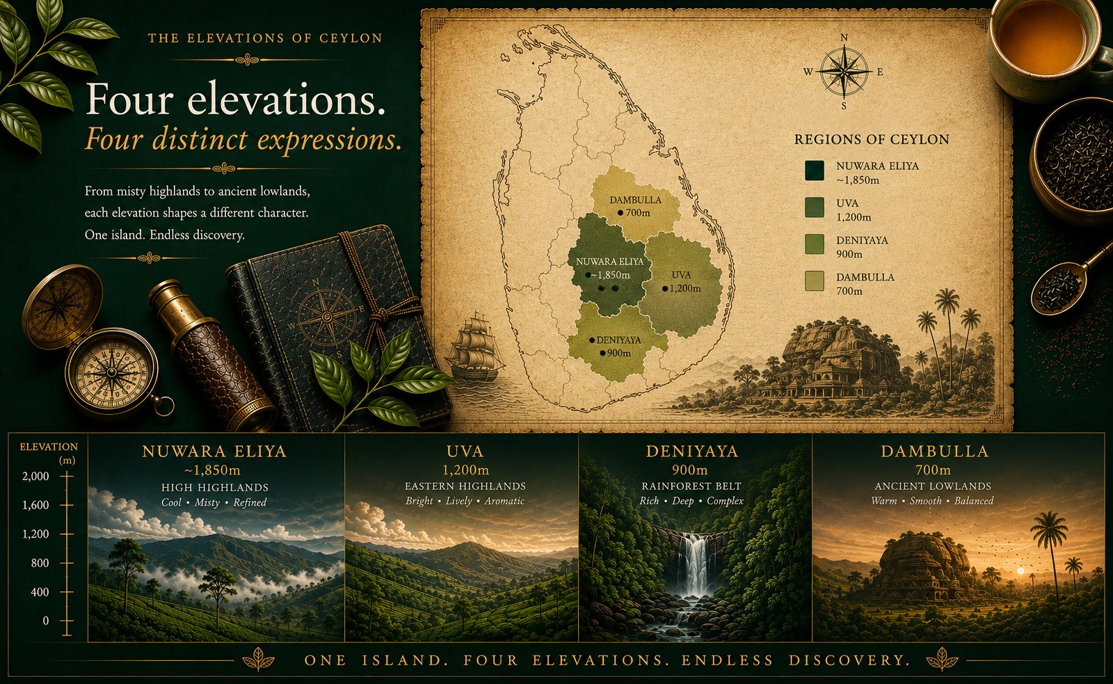 The elevations of Ceylon — Nuwara Eliya 1,850m, Uva 1,200m, Deniyaya 900m and Dambulla 700m — antique map and elevation profiles