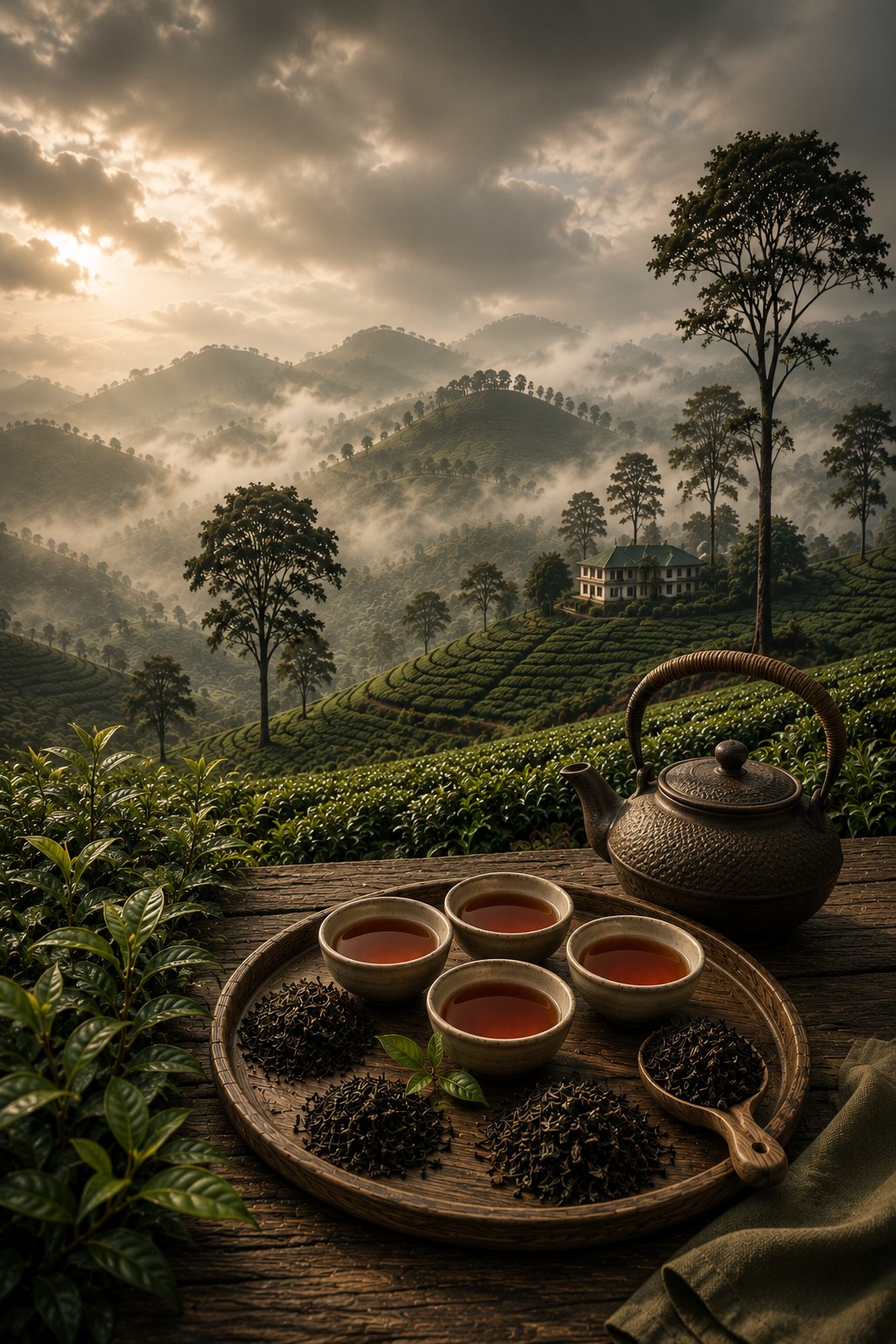 Misty Ceylon highlands with a teapot and cups of single origin tea