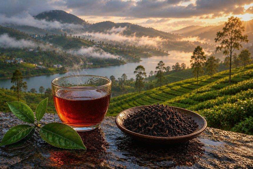 Nuwara Eliya — misty lake and high-country hills